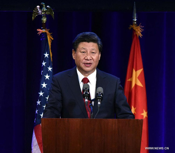 Chinese President Xi Jinping delivers a speech during a welcome banquet jointly hosted by Washington State government and friendly communities in Seattle, theUnited States, Sept. 22, 2015. Xi arrived in this east Pacific coast city on Tuesday morning for his first state visit to the U.S. (Xinhua/Li Tao)