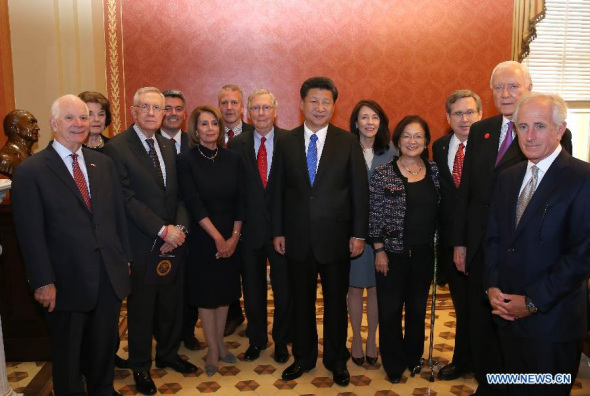 Chinese President Xi Jinping (6th R) meets with U.S. Congress leaders on Capitol Hill in Washington D.C., the United States, Sept. 25, 2015. (Photo: Xinhua/Pang Xinglei)