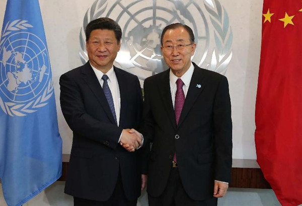 Chinese President Xi Jinping (L) meets with UN Secretary-General Ban Ki-moon at the UN headquarters in New York, Sept. 26, 2015. (Photo: Xinhua/Liu Weibing)