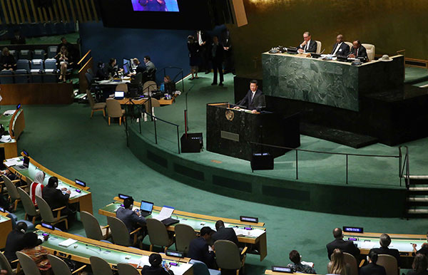 Chinese President Xi Jinping addresses the United Nations Sustainable Development Summit 2015 at the UN headquarters in New York, Sept 26, 2015. (Photo/Xinhua)