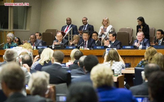 Chinese President Xi Jinping delivers a speech at the Global Leaders' Meeting on Gender Equality and Women's Empowerment at the United Nations headquarters in New York, the United States, Sept. 27, 2015. (Photo: Xinhua/Huang Jingwen)