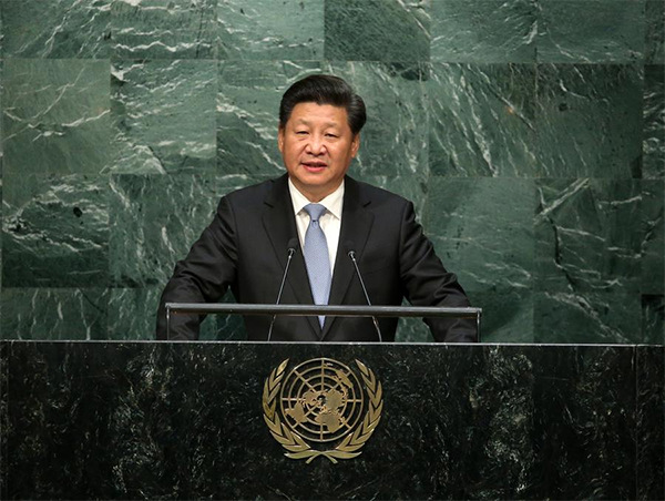 President Xi Jinping addresses the United Nations General Assembly in New York City on Monday.(Photo/Xinhua)