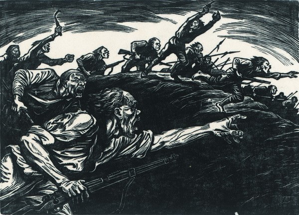 An engraving work by Li Hua (1919-96) depicting the War of Resistance against Japanese Aggression (1937-45).(Photo provided to China Daily)