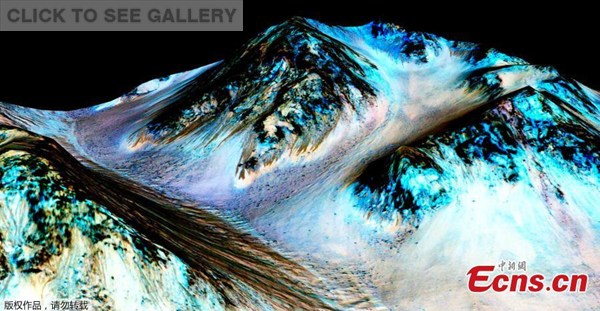 Dark, narrow, 100 meter-long streaks on Mars inferred to have been formed by contemporary flowing water are seen in an image produced by NASA, the Jet Propulsion Laboratory (JPL) and the University of Arizona. (Photo/Agencies)