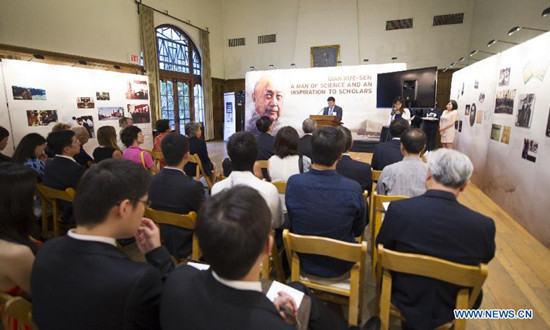 Photo taken on Oct. 2, 2015 shows the opening ceremony of an exhibition themed on the life of Qian Xuesen in California Institute of Technology (Caltech) in Los Angeles, the United States. The exhibition themed on the life of Qian Xuesen, who is considered Father of Chinese Rocketry, was staged in Caltech on Friday. (Xinhua/Yang Lei) 
