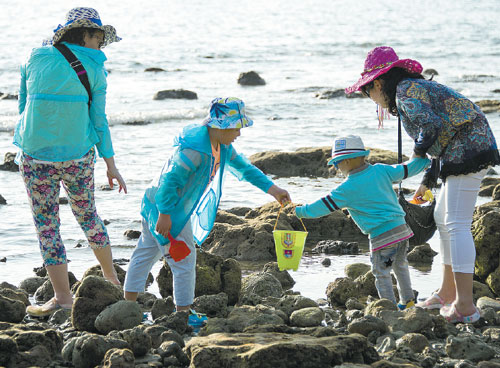 A family of tourists enjoy their leisure time on a reef in Sanya, Hainan province, in January. (Photo: China Daily/Chen Gang)