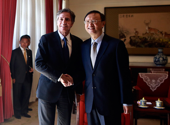 State Councilor Yang Jiechi meets with US Deputy Secretary of State Antony Blinken on Thursday. (Photo: China Daily/Feng Yongbin)