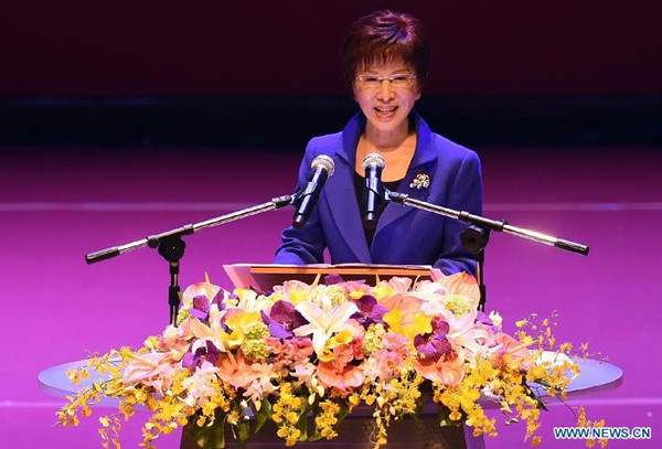 Hung Hsiu-chu addresses the opening ceremony of an extempore congress of Chinese Kuomintang (KMT) party in Taipei, southeast China's Taiwan, Oct. 17, 2015. Taiwan's ruling Kuomintang (KMT) party replaced deputy legislative speaker Hung Hsiu-chu with KMT chairman Eric Chu for the island's leadership election. (Photo: Xinhua/Han Yuqing)