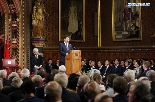 Chinese President Xi Jinping addresses both Houses of British Parliament in London, Britain, Oct. 20, 2015. (Xinhua/Ju Peng)
