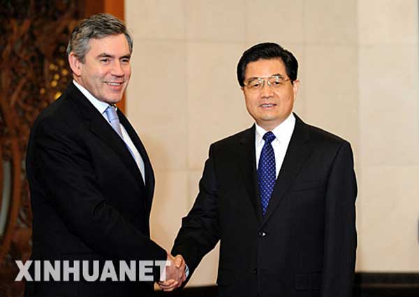 Then President Hu Jintao meets with then British Prime Minister Gordon Brown who pays first official visit to China in Beijing, Jan 18, 2008. (Photo/Xinhua)