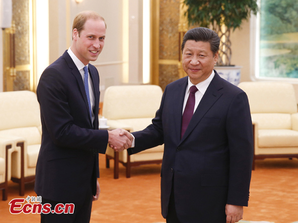 President Xi Jinping meets with Britain's Prince William at the Great Hall of the People in Beijing, March 2, 2015. (Photo/China News Service)
