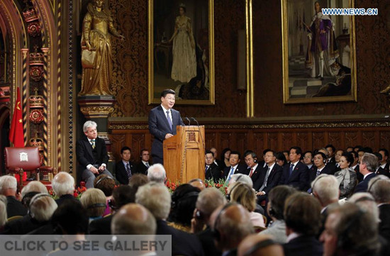 Chinese President Xi Jinping addresses both Houses of British Parliament in London, Britain, Oct. 20, 2015. (Photo: Xinhua/Ju Peng) Chinese President Xi Jinping addresses both Houses of British Parliament in London, Britain, Oct. 20, 2015. (Photo: Xinhua/Ju Peng)