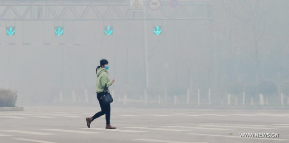 A woman walks on a smog-shrouded road in Shenyang, northeast China's Liaoning Province, Nov. 8, 2015. (Photo: Xinhua/Yang Qing)