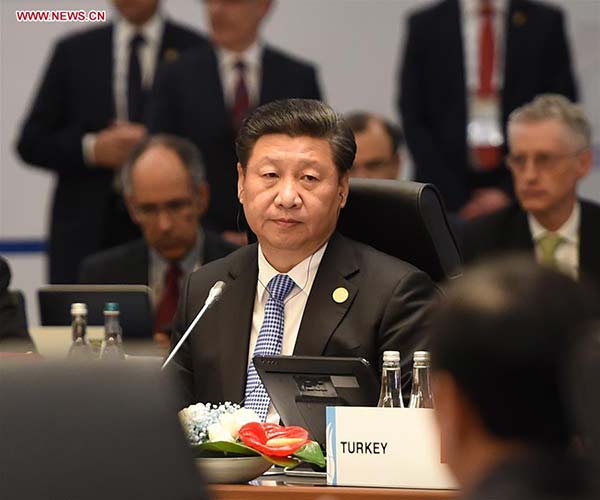 Chinese President Xi Jinping attends the first session of the 10th summit of the Group of Twenty (G20) major economies in Antalya, Turkey, Nov. 15, 2015. (Xinhua/Li Xueren)