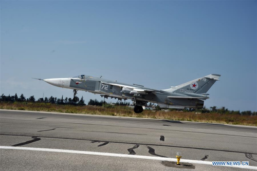 Photo taken on Oct. 21, 2015 shows Russian Sukhoi Su-24 taking off from the Hmeymim airbase in the Latakia province, Syria. The Russian Defense Ministry on Tuesday confirmed that a Su-24 warplane crashed in Syria. (Xinhua/Sputnik)