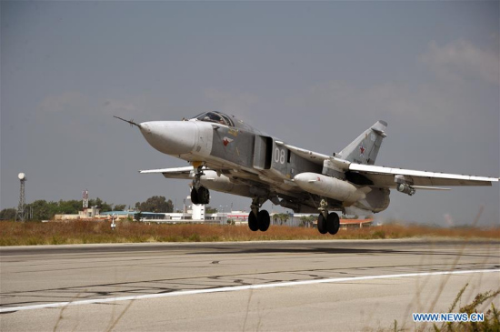 Photo taken on Oct. 21, 2015 shows Russian Sukhoi Su-24 taking off from the Hmeymim airbase in the Latakia province, Syria. The Russian Defense Ministry on Tuesday confirmed that a Su-24 warplane crashed in Syria. (Xinhua/Sputnik)