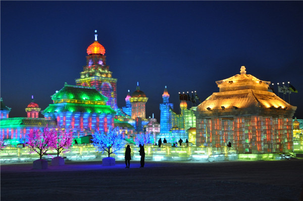 Ice replicas of ancient palaces and buildings highlight the annual International Ice and Snow Sculpture Festival in Harbin. (Photo provided to China Daily)