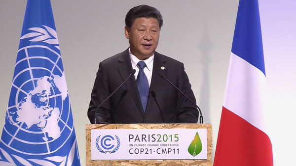 Chinese President Xi Jinping delivers a speech for the opening day of the World Climate Change Conference 2015 (COP21) at Le Bourget, near Paris, France, November 30, 2015. (Photo/cop21.gouv.fr)