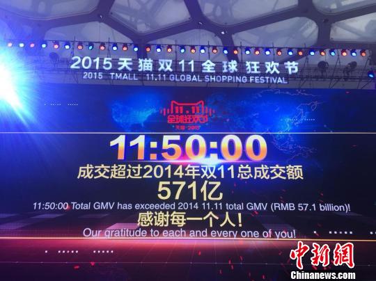 Picture captures the moment when sales of Alibaba's Tmall surpasses that of last year's Singles Day shopping festival on November 11, 2015. The real-time data was broadcast at a hours-long televised gala held by Alibaba at the eve of this year's Singles Day sales. (Photo: Chinanews.com/Zhang Wei)