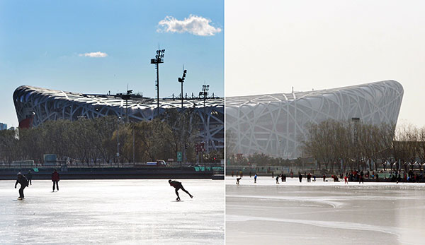 People enjoy the ice near the National Stadium, or Bird's Nest, in Beijing under clear skies (left). By Sunday, the facility was shrouded in smog (right). GUO QIAN/CHINA DAILY