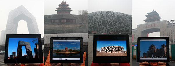 evere pollution blankets landmarks in the capital on Tuesday, including (L-R) the China Central Television building, Forbidden City, Beijing National Stadium and Beijing West Railway Station. The images provide a sharp contrast to days with a clear blue sky. Photos on iPad are provided to China Daily by Tao Yuan, Hu Qingming, Li Junfeng and Nipic.com. ZOU HONG/CHINA DAILY