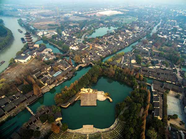 An aerial view of the Xisha scenic spot of Wuzhen township, host of the World Internet Conference, in Tongxiang city, East China's Zhejiang province, on Dec 8, 2015. (Photo/Xinhua)