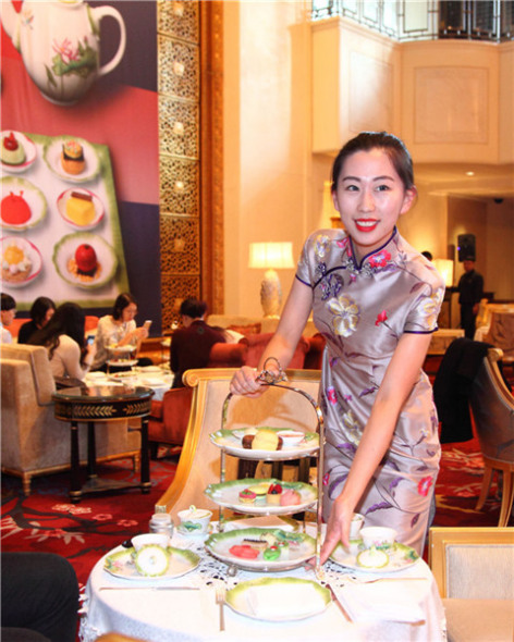 The Lotus Afternoon Tea is served at the Lobby Lounge of China World Hotel, Beijing on Dec 10, 2015. (Photo provided to chinadaily.com.cn)
