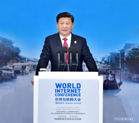 Chinese PresidentXi Jinpingdelivers a keynote speech at the opening ceremony of the Second World Internet Conference in Wuzhen Town, east China's Zhejiang Province, Dec. 16, 2015. (Photo: Xinhua/Li Tao)