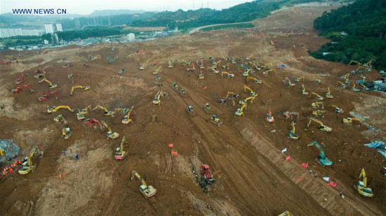 hoto taken with a drone on Dec. 24, 2015 shows the landslide site at an industrial park in Shenzhen, south China's Guangdong Province. More than 5,000 rescuers with over 700 excavators and bulldozers are still searching through rubble for signs of life following Sunday's landslide at an industrial park in the southern Chinese city of Shenzhen. (Photo: Xinhua/Liang Xu) 