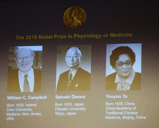 A screen shows the 2015 Nobel laureates for Physiology or Medicine including China's Tu Youyou, Japan's Satoshi Omura and Irish-born William Campbell (R to L) at the Karolinska Institute in Stockholm, Sweden, Oct. 5, 2015. China's Tu Youyou, Irish-born William Campbell and Japan's Satoshi Omura jointly won the 2015 Nobel Prize for Physiology or Medicine, the Nobel Assembly at Sweden's Karolinska Institute announced Monday. (Photo/Xinhua)