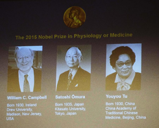 A screen shows the 2015 Nobel laureates for Physiology or Medicine including China's Tu Youyou, Japan's Satoshi Omura and Irish-born William Campbell (R to L) at the Karolinska Institute in Stockholm, Sweden, Oct. 5, 2015. China's Tu Youyou, Irish-born William Campbell and Japan's Satoshi Omura jointly won the 2015 Nobel Prize for Physiology or Medicine, the Nobel Assembly at Sweden's Karolinska Institute announced Monday. (Photo/Xinhua) A screen shows the 2015 Nobel laureates for Physiology or Medicine including China's Tu Youyou, Japan's Satoshi Omura and Irish-born William Campbell (R to L) at the Karolinska Institute in Stockholm, Sweden, Oct. 5, 2015. China's Tu Youyou, Irish-born William Campbell and Japan's Satoshi Omura jointly won the 2015 Nobel Prize for Physiology or Medicine, the Nobel Assembly at Sweden's Karolinska Institute announced Monday. (Photo/Xinhua)