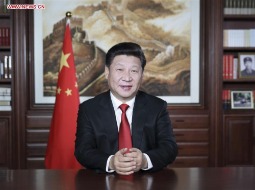 Chinese President Xi Jinping delivers his New Year speech via state broadcasters in Beijing, capital of China. President Xi Jinping looked forward to 2016 in the speech that called for confidence and hardwork for a good beginning in the home stretch of building a well-off society in an all-round way. (Photo: Xinhua/Lan Hongguang)