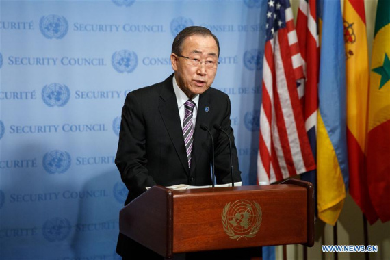 The United Nations Secretary-General Ban Ki-moon speaks to journalists on the Democratic People's Republic of Korea (DPRK)'s announcement of first hydrogen bomb test, at the UN headquarters in New York, the United States, Jan. 6, 2016. UN chief condemns unequivocally DPRK over hydrogen bomb test. (Photo: Xinhua/Li Muzi) 