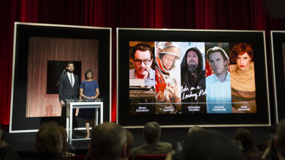 Actor John Krasinski (L) and Academy of Motion Picture Arts and Sciences President Cheryl Boone Isaacs (R) announce the nominees for Best Actor during the Academy Awards Nominations Announcement at the Samuel Goldwyn Theater in Beverly Hills, California on Jan. 14, 2016. (Photo: Xinhua/Yang Lei)