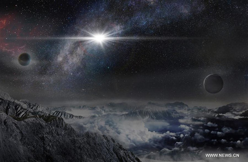 This picture made by Ma Jin from Beijing Planetarium shows an artist's impression of the record-breakingly powerful, super luminous supernova ASASSN-15lh as it would appear from an exoplanet located about 10,000 light years away in the host galaxy of the supernova. An international team of astronomers, led by Subo Dong from China's Peking University, said Thursday they have spotted a violent stellar explosion, known as a supernova, that is about 200 times more powerful than a typical supernova and more than twice as luminous as the previous record holder. At its peak intensity, the explosion, called ASASSN-15lh, shone brighter than 570 billion Suns. (Photo/Xinhua)
