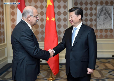 Chinese President Xi Jinping (R) meets with Egyptian Prime Minister Sherif Ismail in Cairo, Egypt, January 20, 2016. Chinese President Xi Jinping arrived in Cairo Wednesday for a state visit to Egypt, the second leg of his three-nation Middle East tour. (Photo: Xinhua/Zhang Duo)
