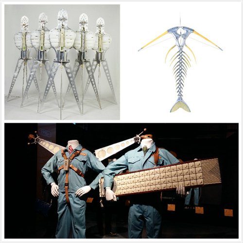 (Clockwise from top left) Singing robot Seamons from the Voice series and Fishbone Bow from the Naki series; Two models wearing the signature blue uniform of Maywa Denki carry Pachi-Moku (left) and Koi-beat mechanical rhythm box. (Photos: GT/Sun Shuangjie and courtesy of the museum)