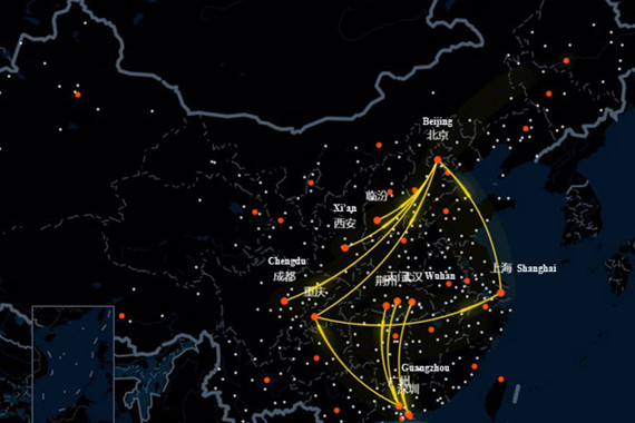 The big data map of migration published by Baidu shows the busiest routes on the first day of the Spring Festival travel rush.