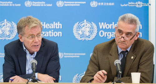 Bruce Aylward (L), Assistant Director-General of World Health Organisation (WHO), and Sylvain Aldighieri, Unit chief for International Health Regulations epidemic alert and response of WHO, hold a joint press conference in Geneva, Switzerland, Jan. 28, 2016. (Photo: Xinhua/Xu Jinquan)