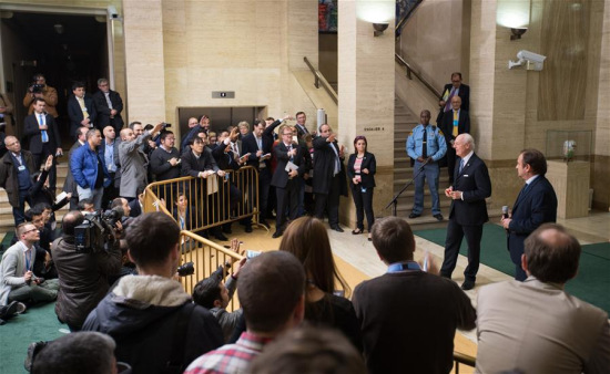 UN Special Envoy Staffan de Mistura speaks to the media after meeting with the delegation of Syrian government at Palais des Nations in Geneva, Switzerland, Jan. 29, 2016. UN-brokered Syria peace talks began as scheduled at Geneva's Palais de Nations on Friday. (Photo: Xinhua/Xu Jinquan)