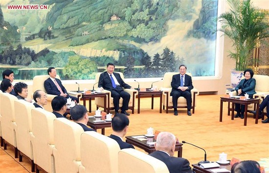 Chinese PresidentXi Jinping(3rd R, rear), also general secretary of the Communist Party of China (CPC) Central Committee,Yu Zhengsheng(2nd R rear), chairman of the National Committee of the Chinese People's Political Consultative Conference, and Vice PremierZhang Gaoli(4th R, rear) attend a gathering extending Lunar New Year's greetings to all people from non-communist parties, the All-China Federation of Industry and Commerce, and those without party affiliations, in Beijing, capital of China, Jan. 29, 2016. (Xinhua/Yao Dawei)