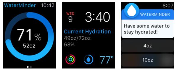 Screenshots show the user interfaces of Waterminder on the Apple Watch. (Photo/chinadaily.com.cn)