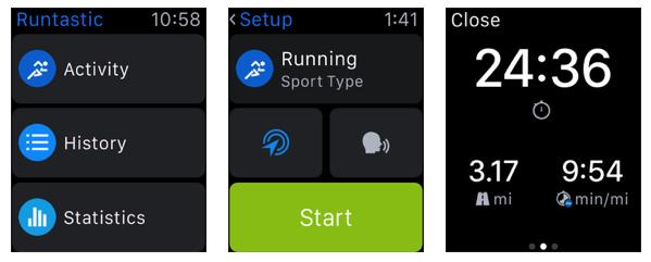 Screenshots show the user interfaces of Runtastic on the Apple Watch. (Photo/chinadaily.com.cn)