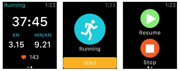 Screenshots show the user interfaces of Runkeeper on the Apple Watch. (Photo/chinadaily.com.cn)