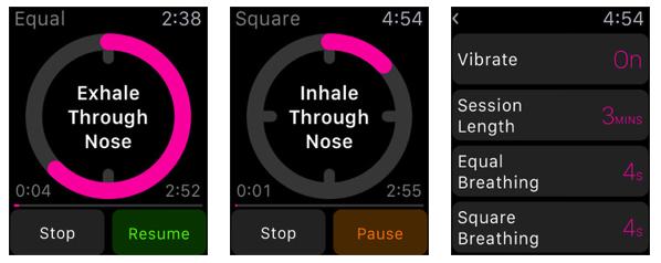 Screenshots show user interfaces of 3 Minute Mindfulness on the Apple Watch. (Photo/chinadaily.com.cn)