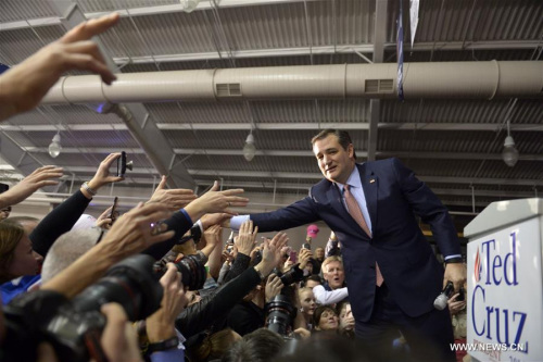 Republican presidential candidate Ted Cruz celebrates with supporters in Des Moines, capital of Iowa, the United States, Feb. 1, 2016. (Photo: Xinhua/Yin Bogu)