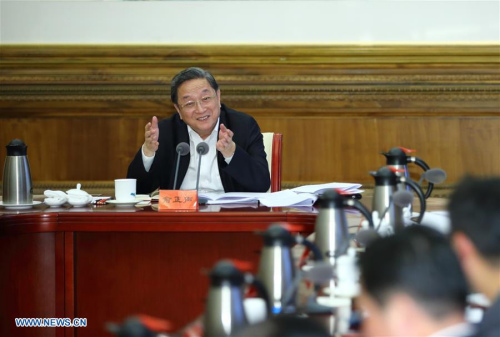 Yu Zhengsheng, chairman of the National Committee of the Chinese People's Political Consultative Conference, presides over a symposium with private entrepreneurs in Beijing, capital of China, Feb. 2, 2016.(Photo: Xinhua/Ding Haitao)
