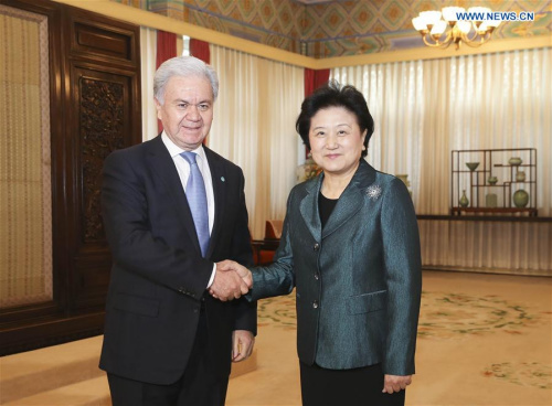 Chinese Vice Premier Liu Yandong (R) meets with new Secretary-General of the Shanghai Cooperation Organization (SCO) Rashid Olimov in Beijing, capital of China, Feb. 4, 2016. Tajik diplomat Rashid Olimov became SCO Secretary-General on Jan. 1, replacing Dmitry Mezentsev. (Photo: Xinhua/Ding Lin)