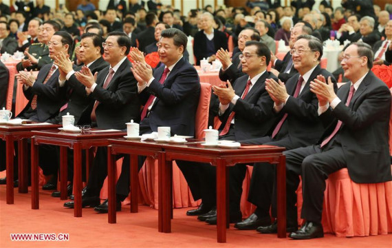 Chinese PresidentXi Jinping(C) and other top leaders attend a reception to extend Spring Festival greetings to all Chinese people as they meet with more than 2,000 members of the public in Beijing, capital of China, Feb. 6, 2016.Li Keqiang,Zhang Dejiang,Yu Zhengsheng,Liu Yunshan,Wang QishanandZhang Gaoliwere also present. (Xinhua/Pang Xinglei)