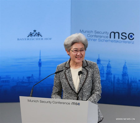 Fu Ying, chairwoman of the Foreign Affairs Committee of the National People's Congress of China, addresses the Munich Security Conference (MSC) in Munich, Germany, on Feb. 13, 2016. (Photo: Xinhua/Luo Huanhuan)